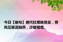 今日【绝句】唐代杜甫晚景美，春风花草泥融燕，沙暖鸳鸯。